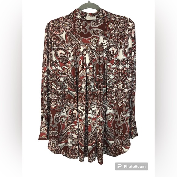 Chico’s Blouse Paisley Soft Pleats Long Sleeve Cuffs Gold Buttons Loose Fit - Picture 2 of 9